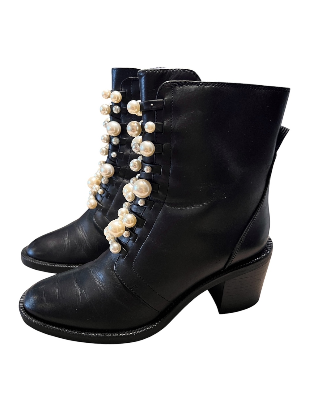 Zara Pearl Embellished Leather Ankle Boots Blk Heeled Combat Booties US 6.5